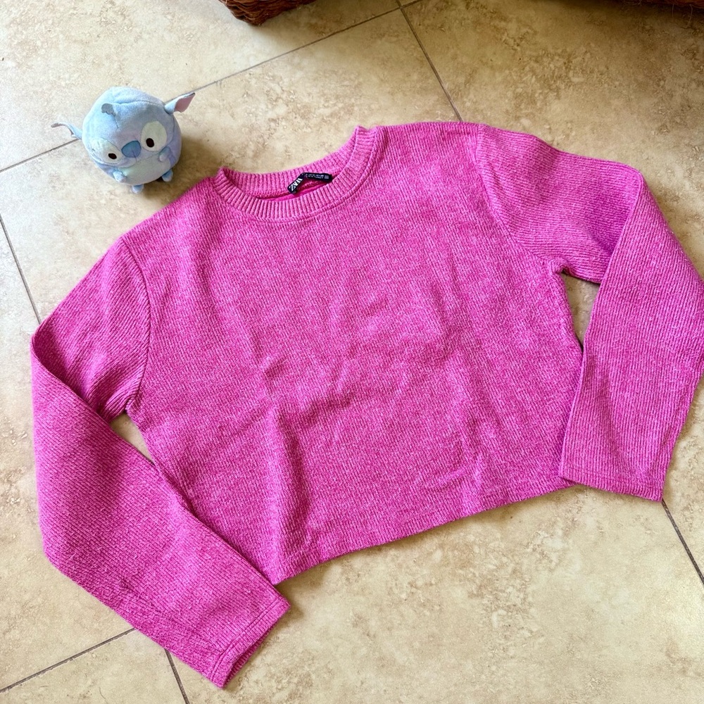 Zara Fuchsia Cropped Crew Neck Sweater